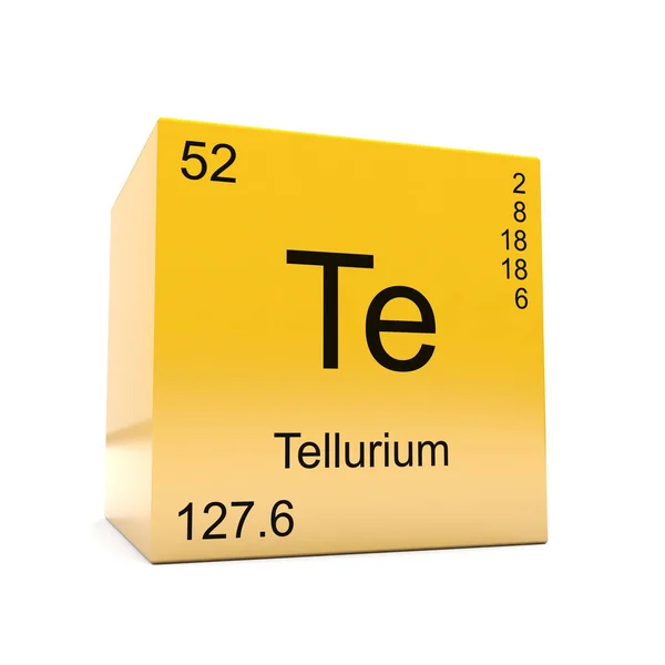 Tellurium chemical element symbol from the periodic table displayed on glossy yellow cube