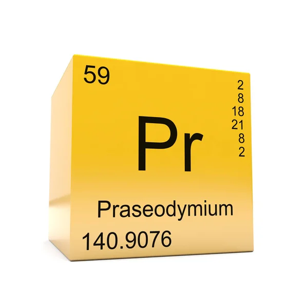光沢のある黄色の立方体に表示される周期的なテーブルからプラセオジム化学要素の記号 — ストック写真