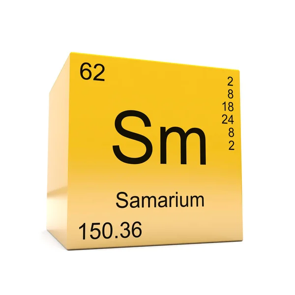 Samarium chemical element symbol from the periodic table displayed on glossy yellow cube