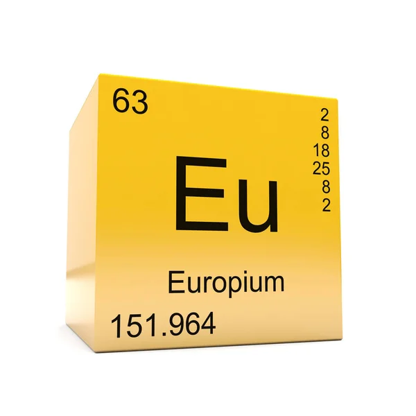 在光滑黄色立方体上显示的周期表上的铕化学元素符号 — 图库照片