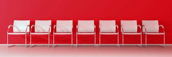 Cadeiras Brancas Fundo Vermelho Banner Largo — Fotografia de Stock