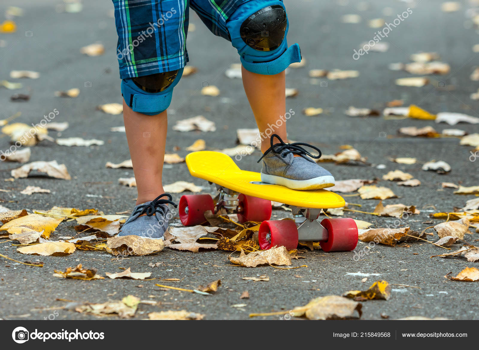 Leg Skateboard Close Little Boy Getting Ready Ride Surrounded Fallen Stock Photo conceptw 215849568
