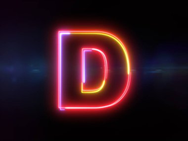 Adı D - renkli parlak anahat alfabe simgesi mavi lens flare koyu arka plan üzerinde