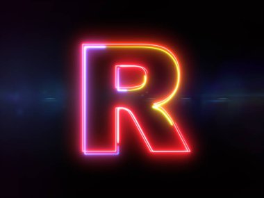 Harf R - renkli parlak anahat alfabe simgesi mavi lens flare koyu arka plan üzerinde