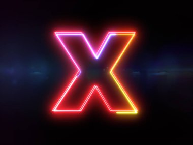 Harf X - renkli parlak anahat alfabe simgesi mavi lens flare koyu arka plan üzerinde