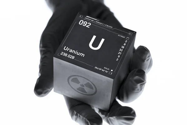 Cube Uranium Dans Main Scientifique Élément Radioactif Tableau Périodique — Photo