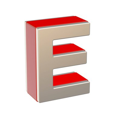 Alfabe harf E with kırmızı cam ve metal kabuk beyaz arka plan üzerinde izole