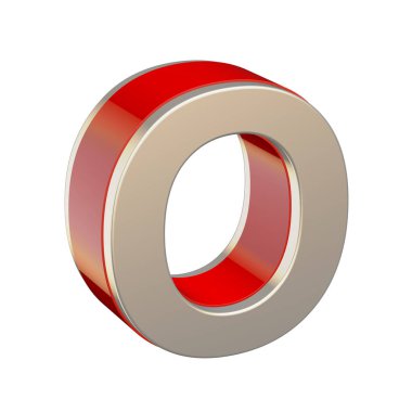 Alfabe harf O with kırmızı cam ve metal kabuk beyaz arka plan üzerinde izole