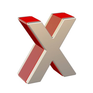 Alfabe harf X kırmızı cam ve metal kabuk beyaz arka plan üzerinde izole