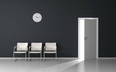 Beyaz sandalyeler ve duvar saati ile koyu bekleme odasında ışık ile açık kapı