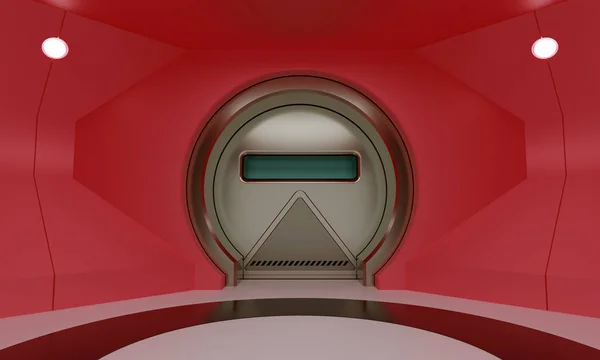 Futuristic round metallic door in red room wall