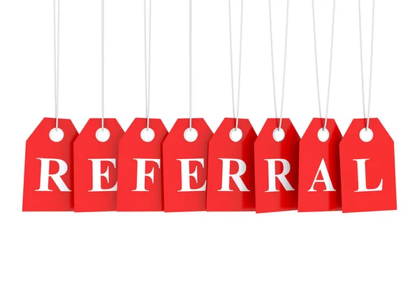 Referral Text Word Red Hanging Labels Reffer Friend — Stock Photo, Image