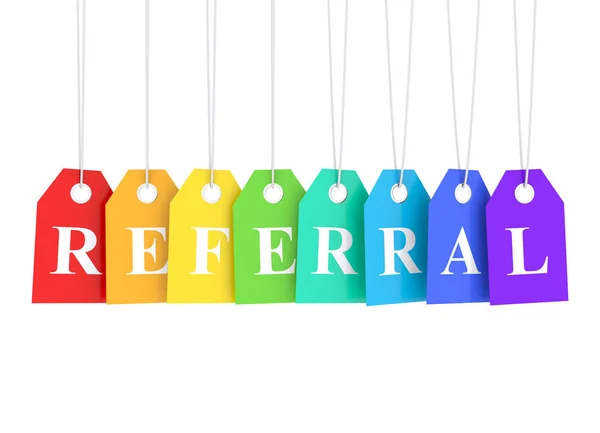 Referral Text Word Colored Hanging Labels Reffer Friend — Stock Photo, Image