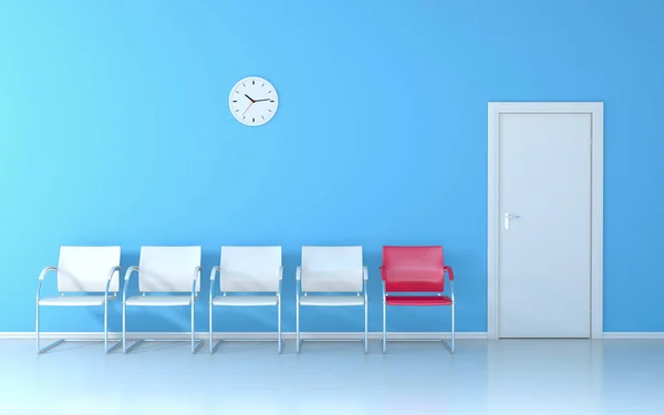 Blaues Wartezimmer Mit Vier Weißen Und Einem Roten Sitz Wanduhr — Stockfoto