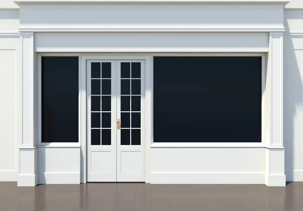 Büyük Pencereleri Olan Klasik Vitrin Küçük Işletme Beyaz Mağaza Cephe — Stok fotoğraf