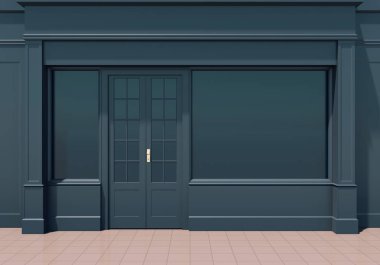 Shopfront with large windows. Small business dark blue store facade clipart