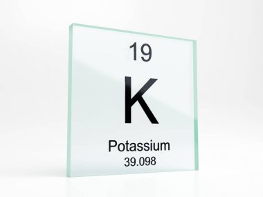 Cam simgesi üzerinde periyodik tablopotasyum element sembolü - gerçekçi 3d render