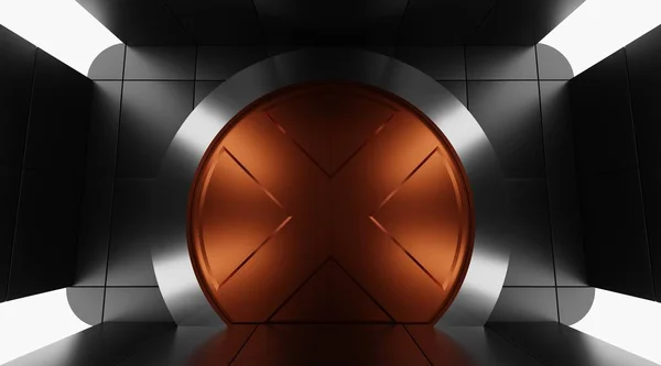 未来的な金属のドア 未来的な暗い部屋のSfラウンド重い安全なドア — ストック写真
