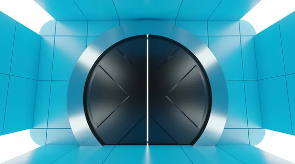 Porta Metálica Futurista Sci Rodada Porta Pesada Quarto Azul Futurista — Fotografia de Stock