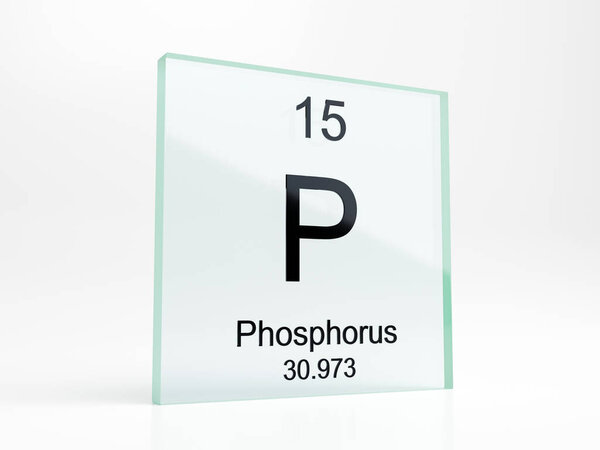 Символ элемента фосфора из периодической таблицы на иконке стекла - реалистичный 3D рендеринг
