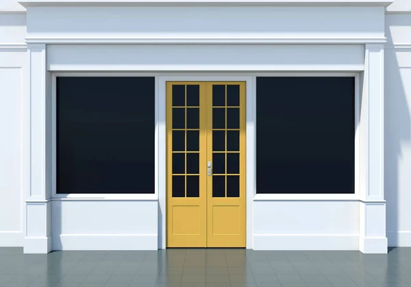 Classic Witryn Sklepowych Żółtymi Drzwiami Dużymi Oknami Mała Fasada Białego — Zdjęcie stockowe