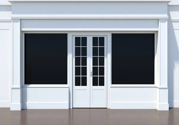 Büyük Pencereleri Olan Klasik Vitrin Küçük Işletme Beyaz Mağaza Cephe — Stok fotoğraf