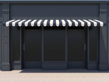 Siyah mağaza cephesi, iki kapılı vitrin, büyük pencereler ve tenteler 3d render