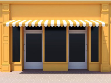 Sarı dükkan, mağaza cephesi, iki kapılı vitrin, büyük pencereler ve tenteler 3d render