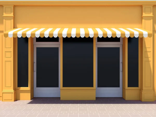 黄色商店 商店门面 店面有两扇门 大窗户和遮阳篷3D渲染 — 图库照片