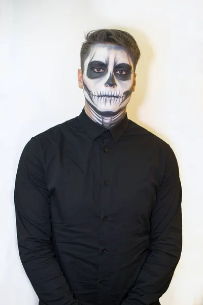 Maquillaje Halloween Dibujar Vampiro Esqueleto Cara Foto Cierre Imagen De Stock