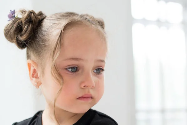 Beautiful Sad Little Girl Crying Background White Window — Stock Photo, Image