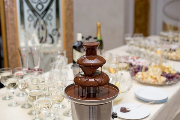 Chocolate Fountain Fruits Dessert Wedding Table Stock Photo