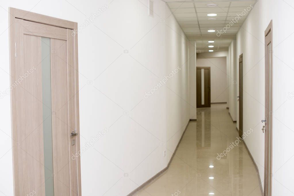 Empty office corridor with many doors of light wood.