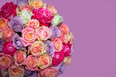 Güzel bir hediye kutusu içinde gül buketi. Pembe gül buketi. Pembe gül yakın çekim. pembe, metin için yer ile