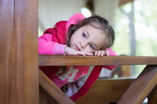 Beautiful Little Girl Leaning Railing Looking Thoughtfully Distance — Stock Photo, Image