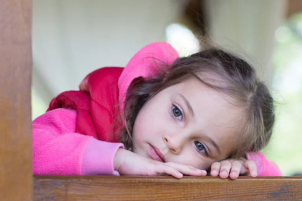 Beautiful Little Girl Leaning Railing Looking Thoughtfully Distance — Stock Photo, Image