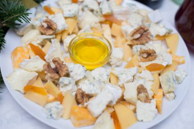 Lezzetli aperatif. Restoranda beyaz tabakta peynir tabağı..