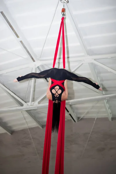 Tal gymnaster på dukarna. Flicka på akrobatiska canvass.Farlig cirkus knep.antenn gymnast. — Stockfoto