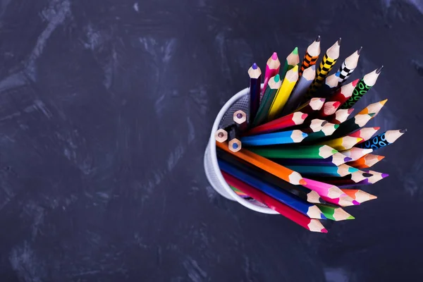 Color pencils in organizer, free space. Place for text near folded pencils