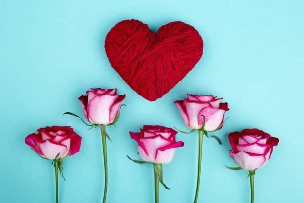 Beautiful roses, red heart. Flowers and toy heart