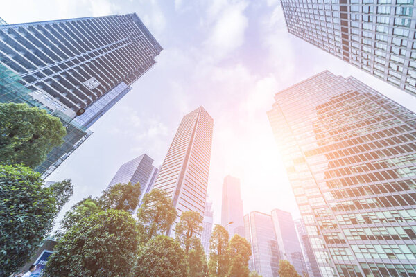 Bottom view of office building window close up