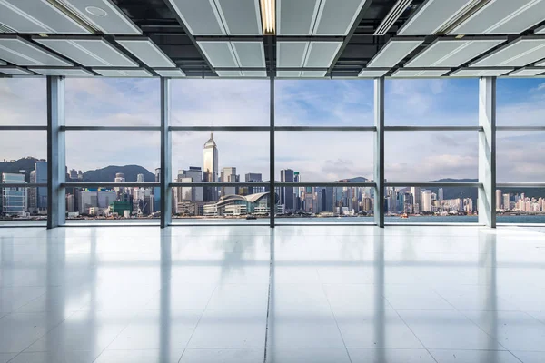 Panoramic skyline and buildings from glass window