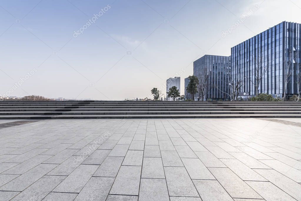 Empty floor with modern business office building 