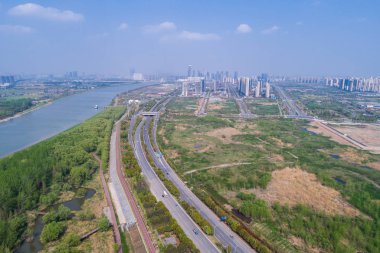 Nanjing şehrin kentsel mimari peyzaj üzerinde havadan görünümü