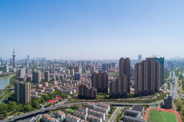 Nanjing şehrin kentsel mimari peyzaj üzerinde havadan görünümü
