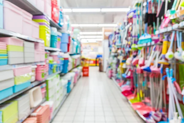 Abstract Blurred Supermarket Aisle Colorful Shelves Unrecognizable Customers Background — Stock Photo, Image