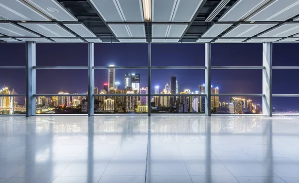 Panoramic skyline and buildings from glass window