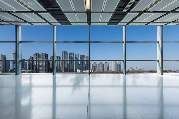 Panoramic skyline and buildings from glass window