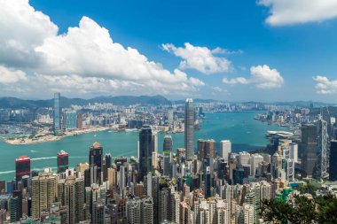 Hong Kong şehir manzarası Panoraması. Tepe Hongkong görüntülemek