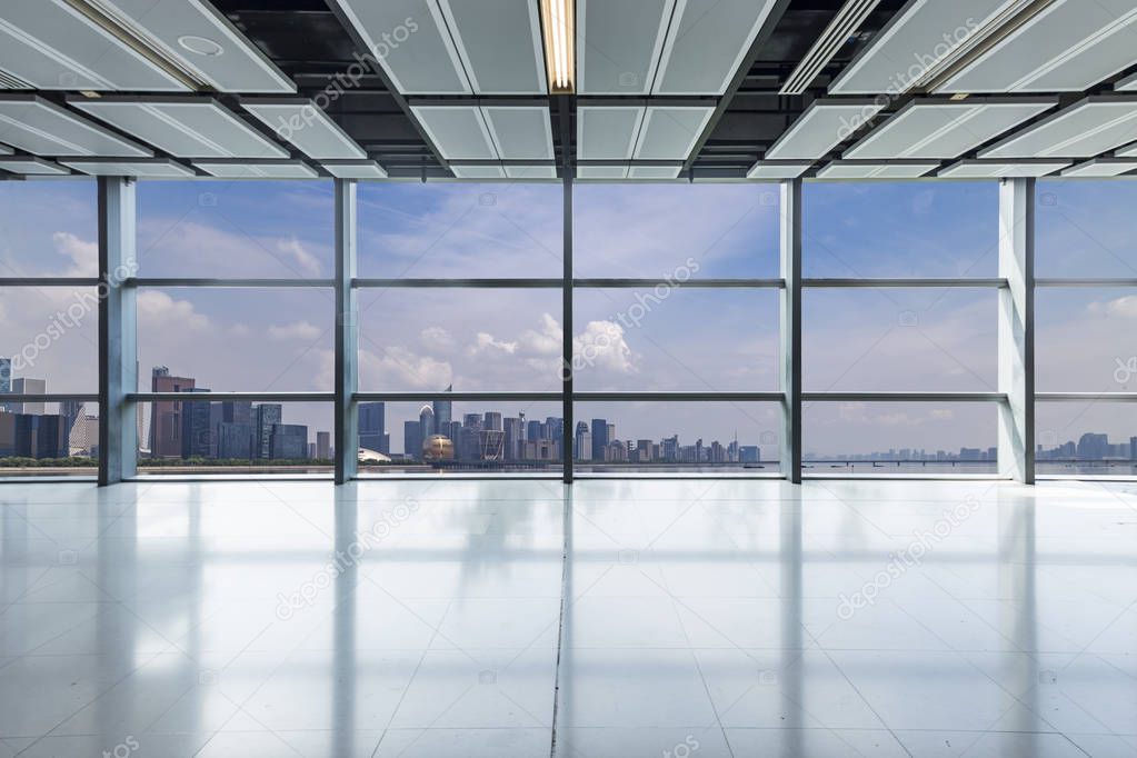 Panoramic skyline and buildings from glass window